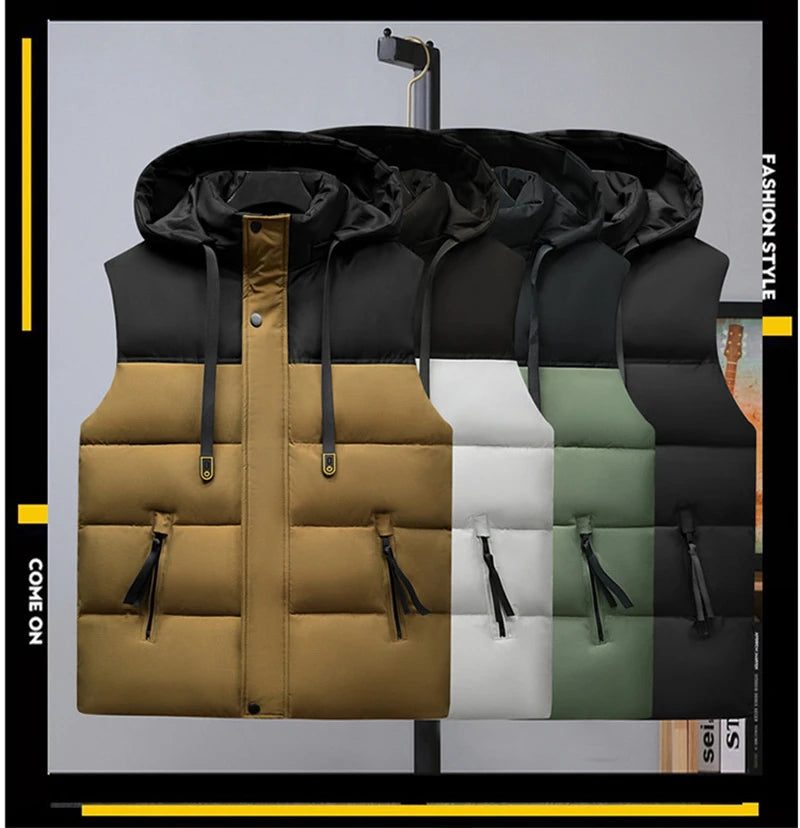 Plus Size Cotton Padded Vest for Men Warm Autumn Winter Sleeveless Jackets Hat Detachable 6XL Fashion Loose Coat Men Clothing