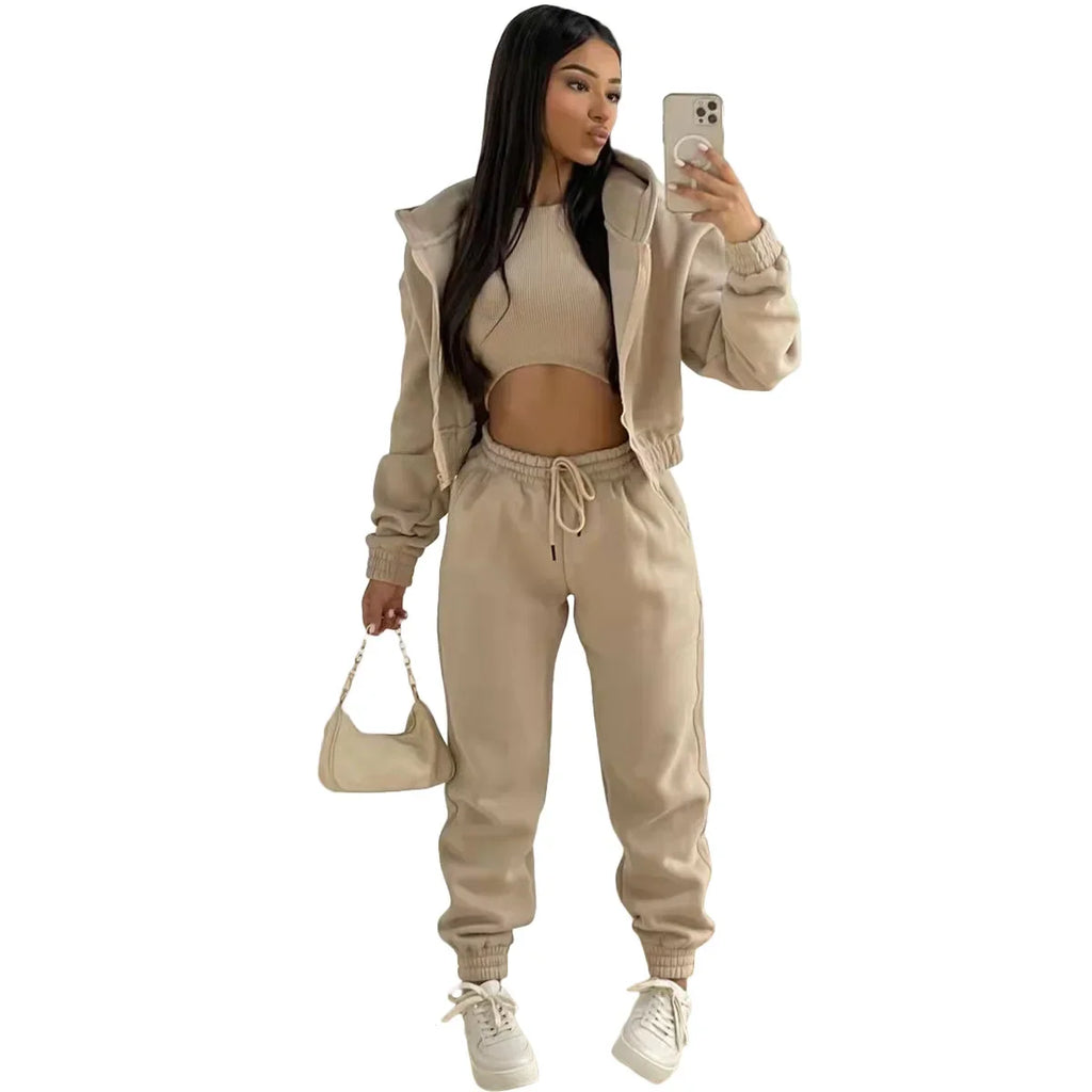 custom women's clothing plain winter hoodie joggers pants 3 piece pants set training wear womens sweatpants and hoodie sets
