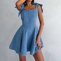 Denim Dress for Women Sexy Adult Clothing Fashionable Hot Girl Collar Bow Tied Strap Skirt Waist Dress Hight Street Style Summer