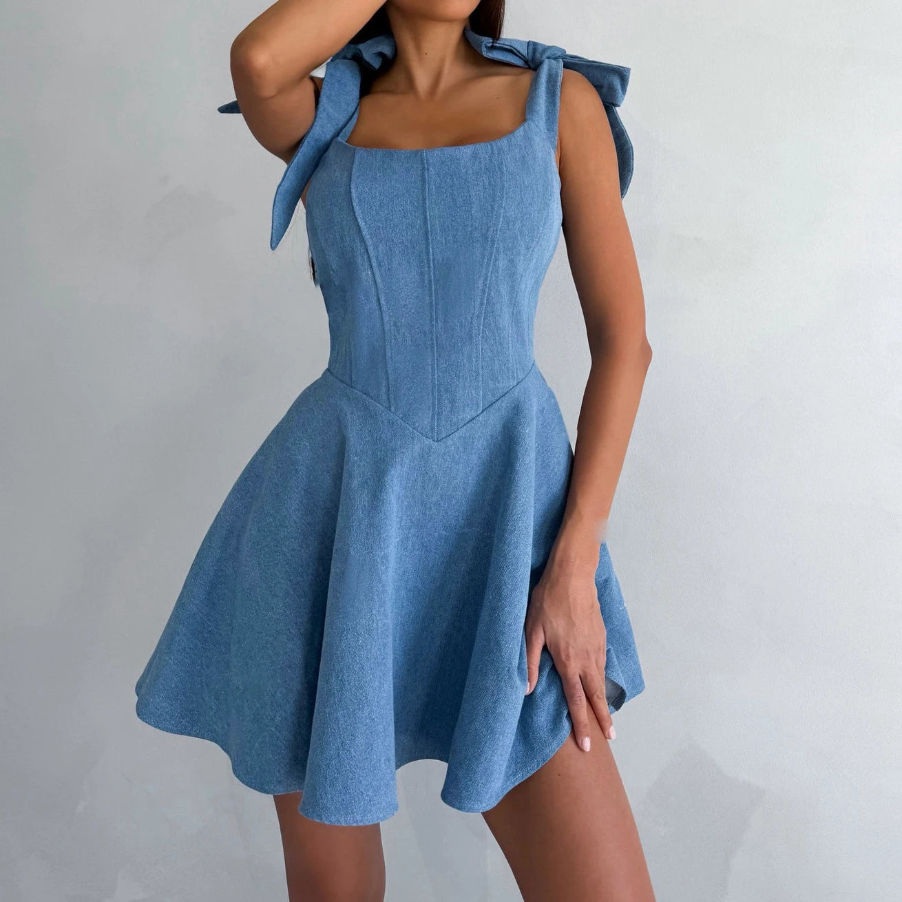 Denim Dress for Women Sexy Adult Clothing Fashionable Hot Girl Collar Bow Tied Strap Skirt Waist Dress Hight Street Style Summer
