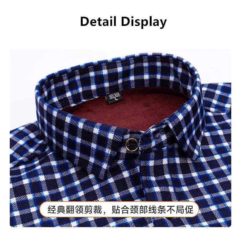 2025 Men's Winter Warm Shirts Long Sleeve Plaid Print Flower Autumn Thickened Fleece Street Trend Casual Dress Shirts 8XL 7XL