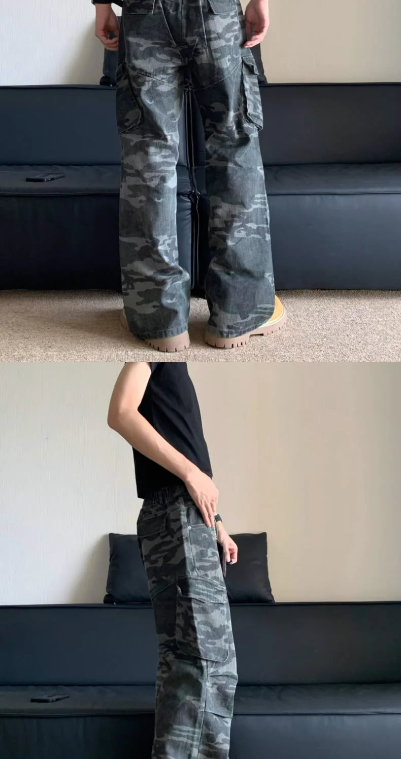 Summer Large Size American Retro Camouflage Work Pants Men's Loose Straight Leg Jeans with Diagonal Pockets Casual Long Trousers