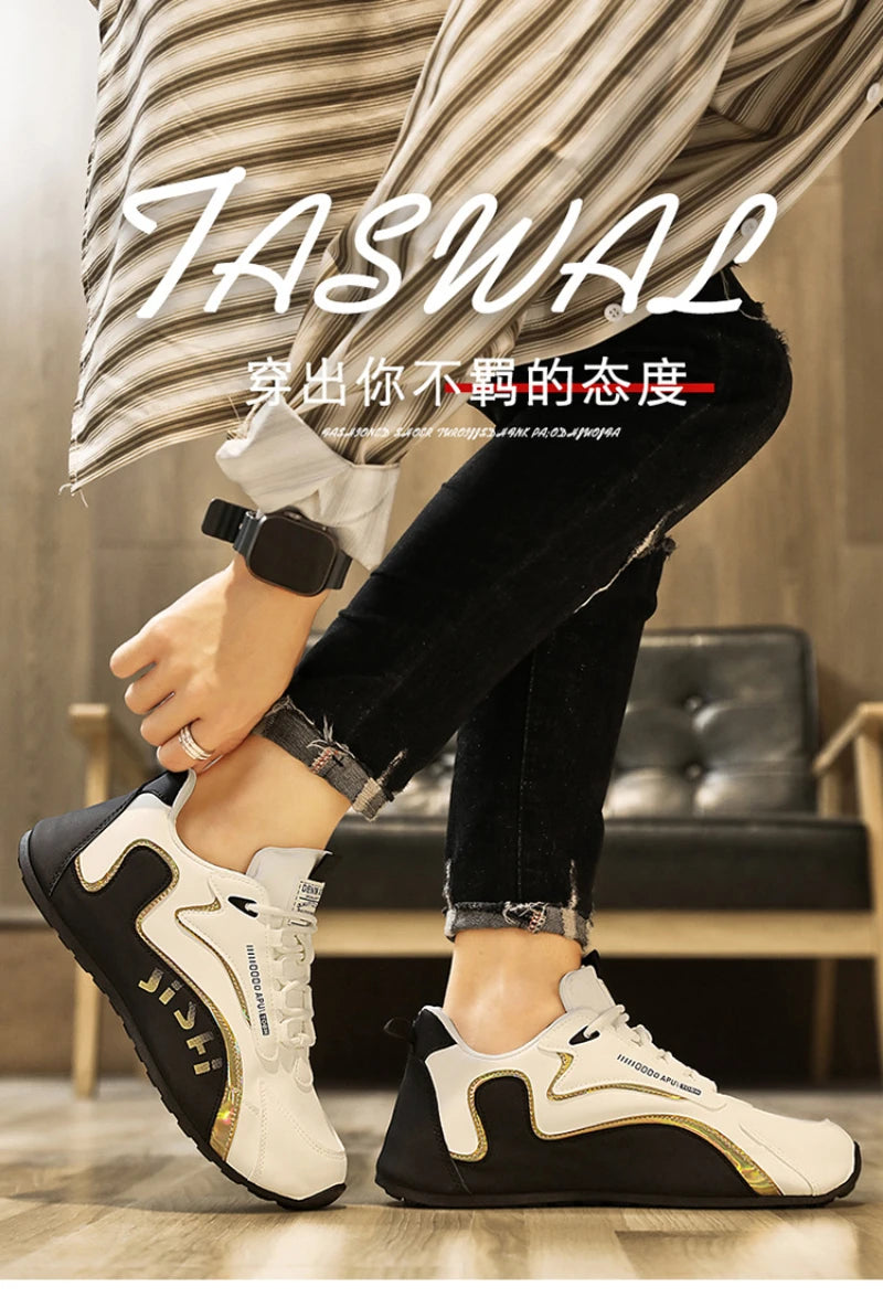 Men'S Black And White Gold Accent Running Shoes Breathable Mesh Upper Lightweight Non Slip Athletic Sneakers For Daily Wear