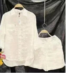 Fashion White Long Sleeve Shirt And Shorts Two Piece Sets Woman 2024 Spring Cotton Linen Casual Home 2 Piece Set For Women