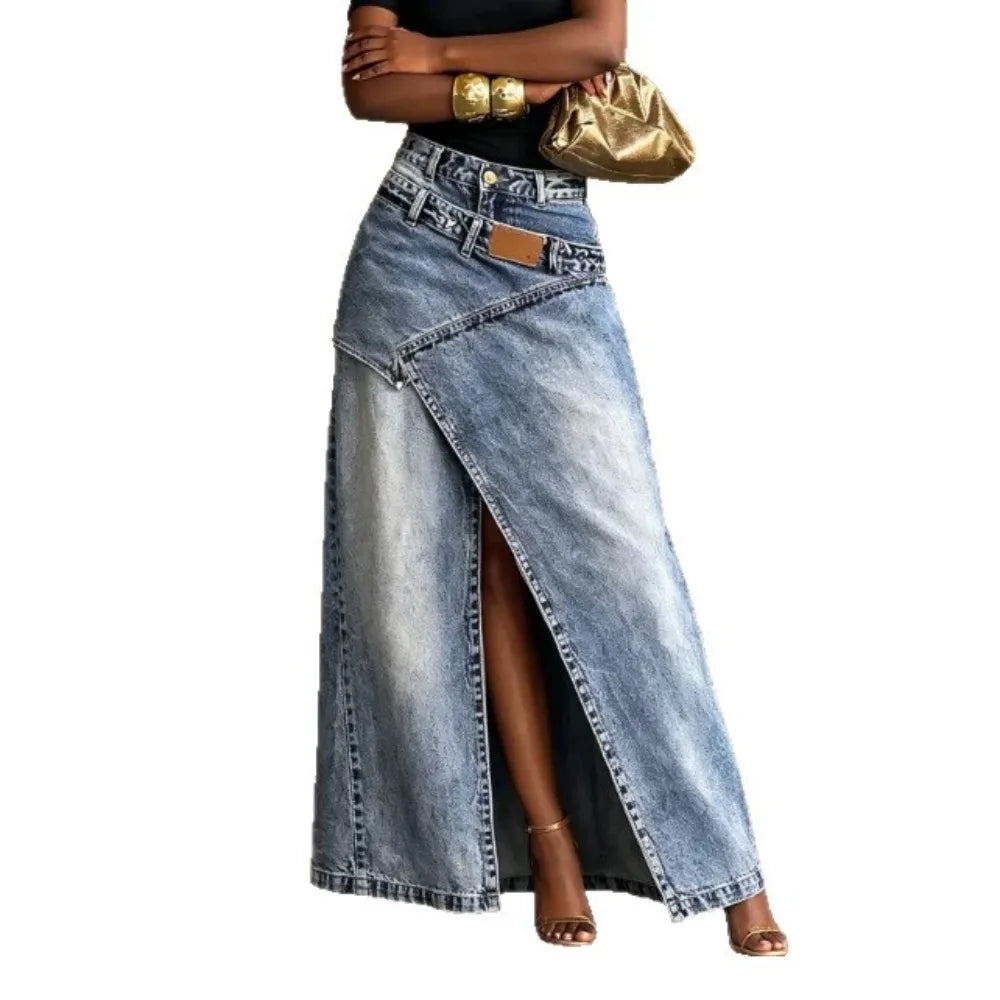Washed Denim Maxi Skirt High Waist Asymmetric Front Slit Long Jean Skirt Irregular Patch Women Casual Split Denim Long Skirt