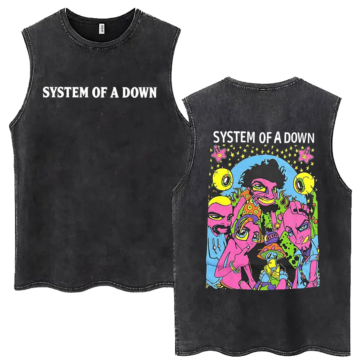 System of A Down Vintage Washed Tank Tops Men's Rock Alternative Metal Cartoon Graphic Sleeveless Vests T-shirt Male T Shirts