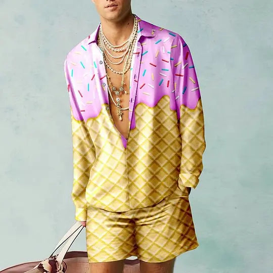 2PCS Suits Men Fashion Shirts+Shorts Two Piece Sets Hawaii Shirts Luxury European Shirt Sets Beach Vocation Outfits Streetwear