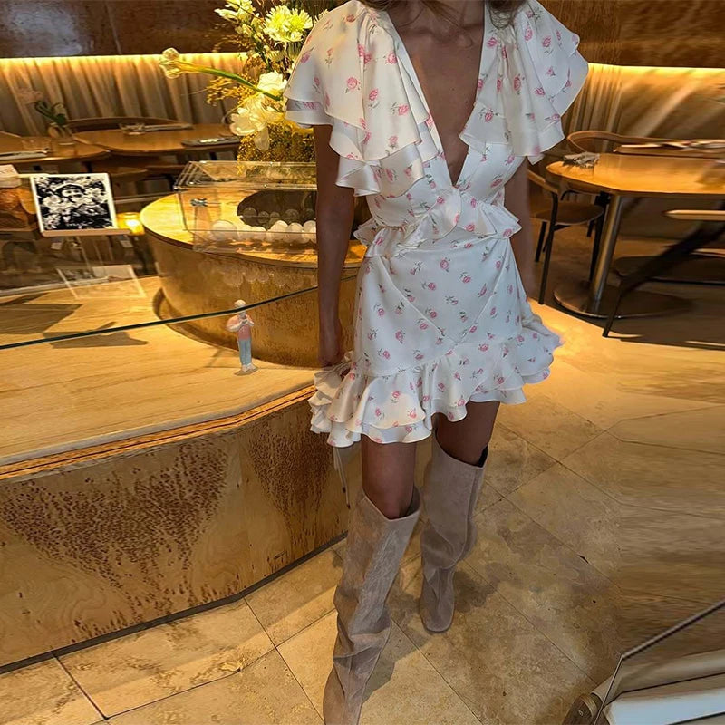 Elegant Floral Print Chiffon Dress Women's Backless Long Sleeve Ruffle Waist Cutout Tiered Dresses 2026 New Lady Party Wear