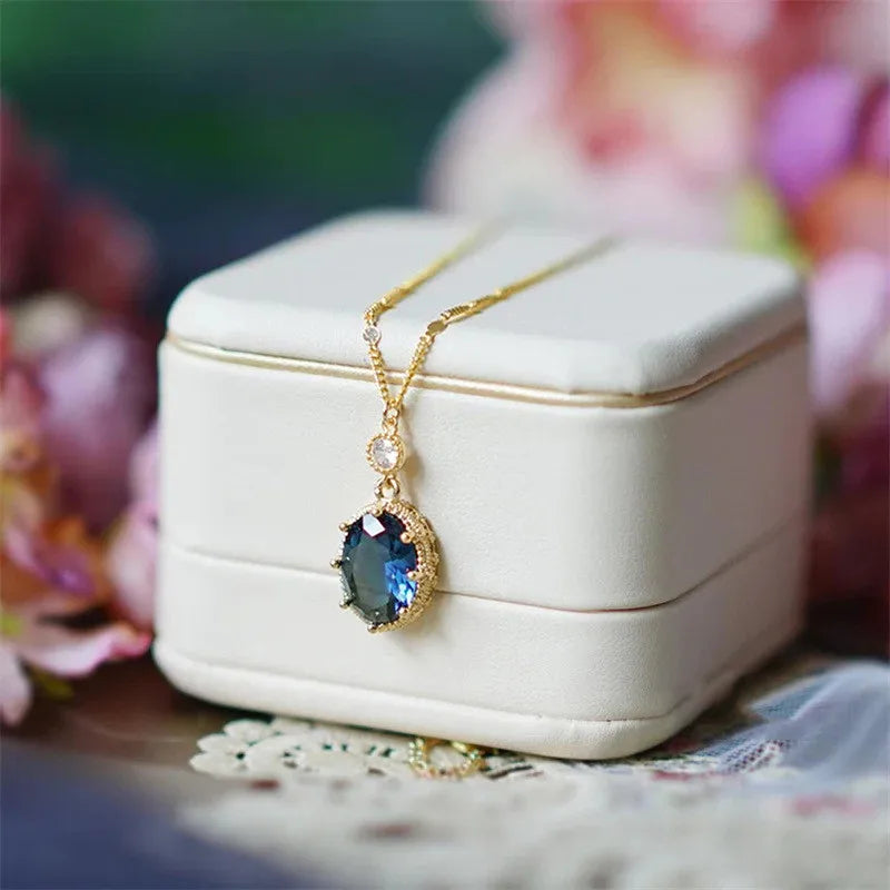 925 Sterling Silver Oval Blue Stone Pendant Necklace Gorgeous Wedding Bridal Accessories Gift Fashion Jewelry for Women
