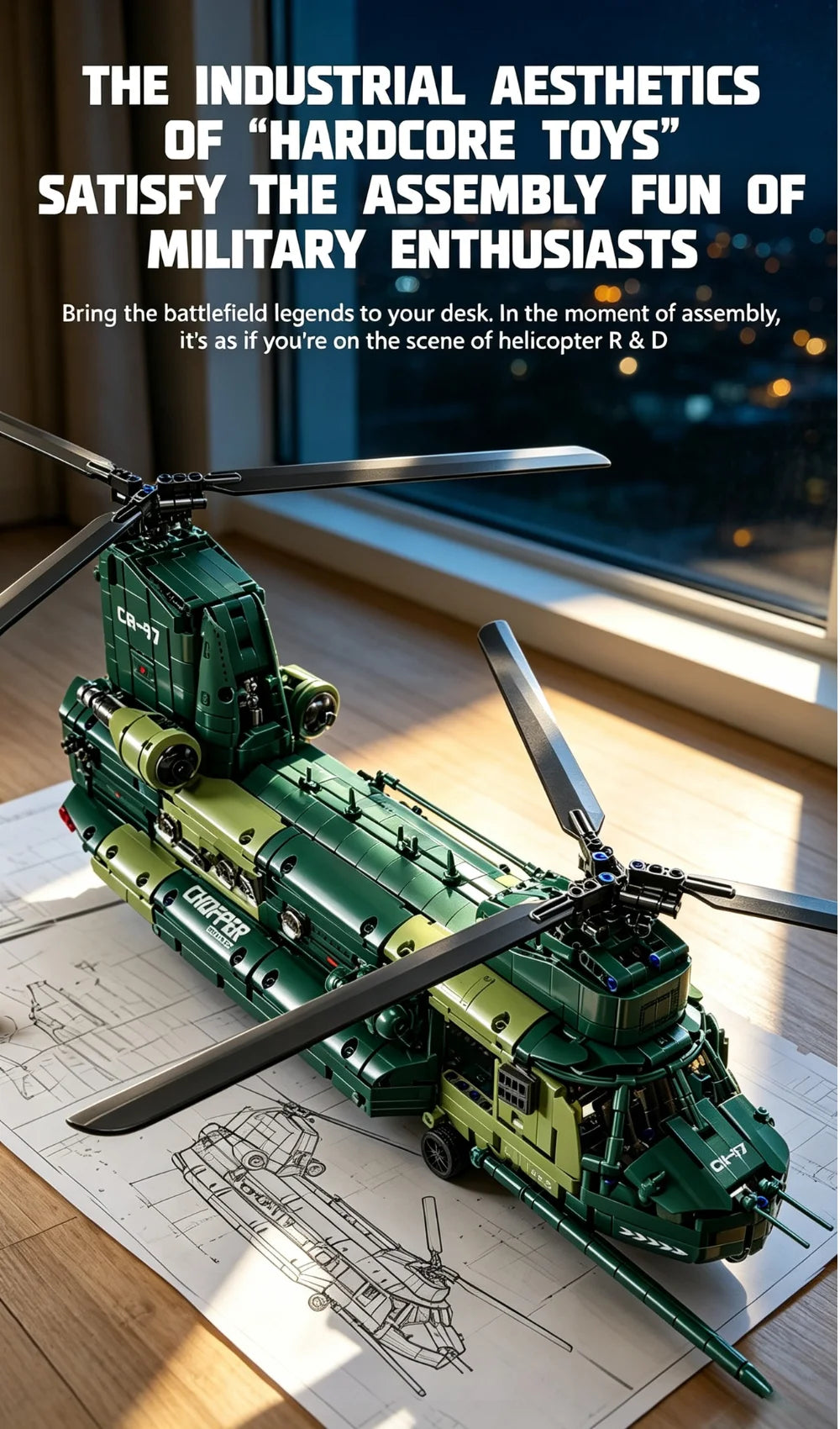 KAVOWORLD 1826pcs 32inch Heavy Transport Helicopter Building Block Model Airplane Toy Set Easy DIY Assembly Aircraft Building Bricks Model Tandem Rotor Construction Kit Display Toy As Halloween Christmas Thanksgiving New Year