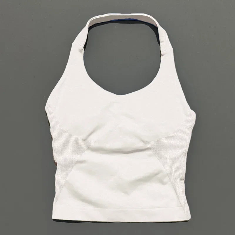 Halter Yoga Tank Top Women Sexy Seamless Strappy Backless Slim Fit Padded Breathable Gym Fitness Running Workout Sports Tops