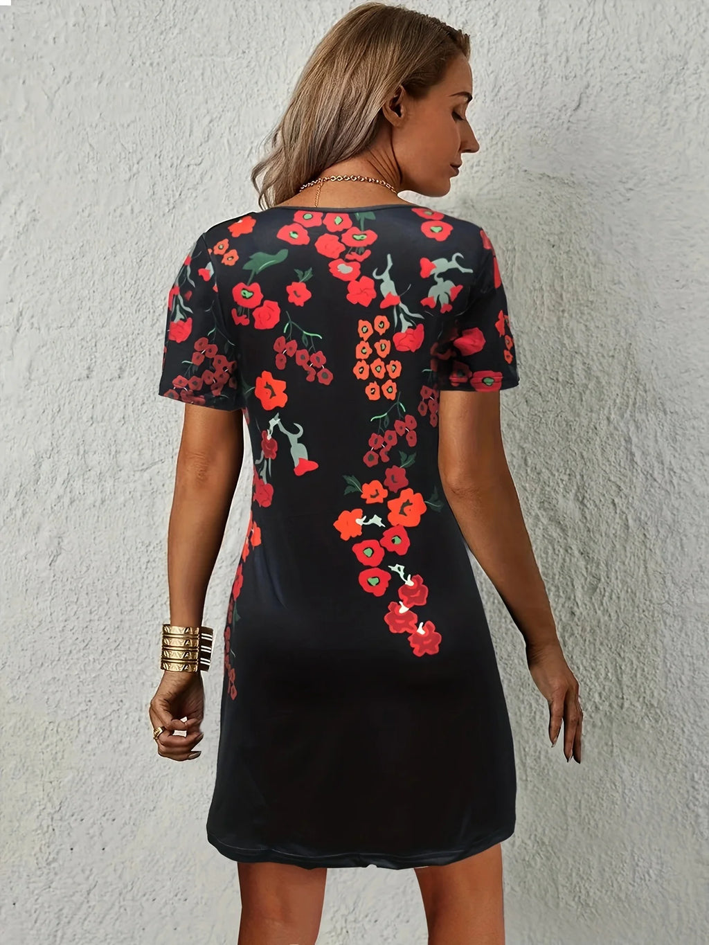 Women Floral Print Dress Wavy V Neck Short Sleeve Casual Summer Party Dresses Ladies Loose Tunic Dress