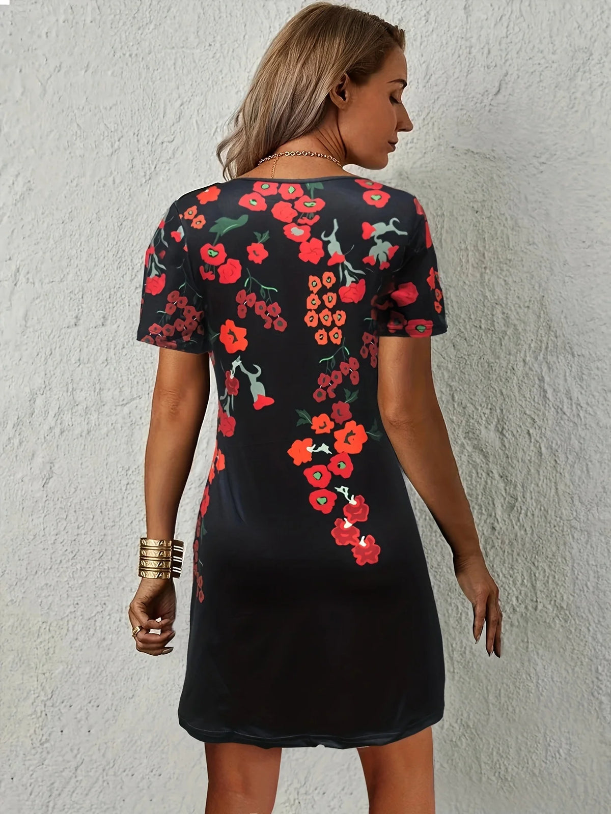 Women Floral Print Dress Wavy V Neck Short Sleeve Casual Summer Party Dresses Ladies Loose Tunic Dress