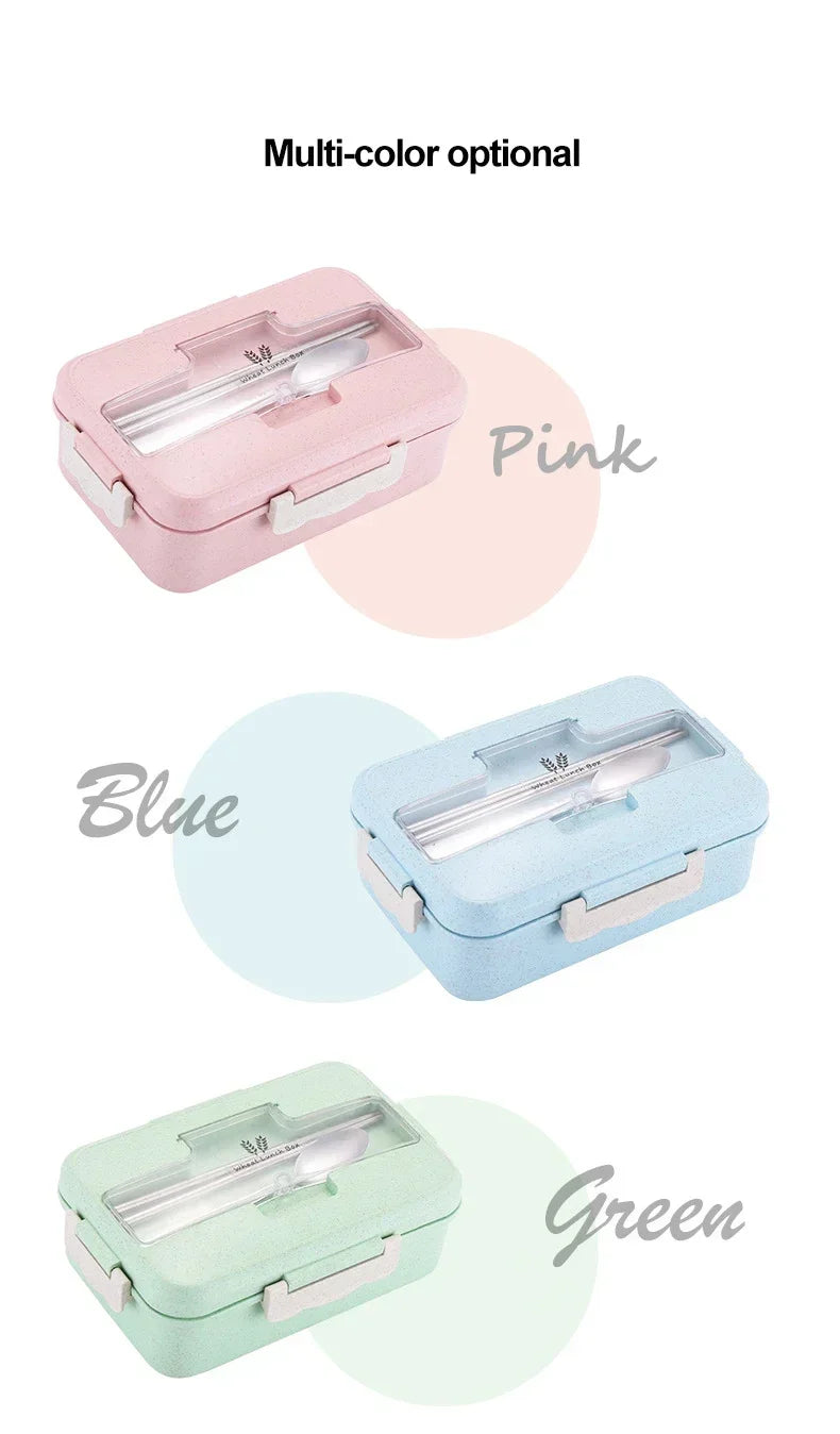 Microwave Lunch Box Wheat Straw Bento Box With Dinnerware Food Storage Container Children Kids School Office Portable Bento Box
