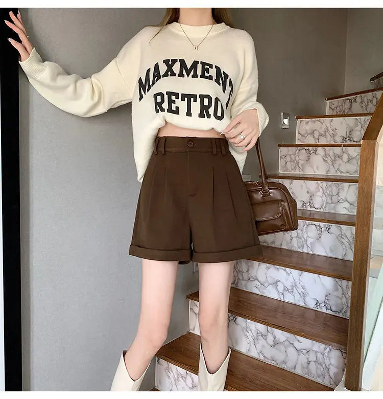 Women Office Lady Summer 2025 Solid Brown Thick High Waist Shorts Korean Style Wide Leg Boot Pants