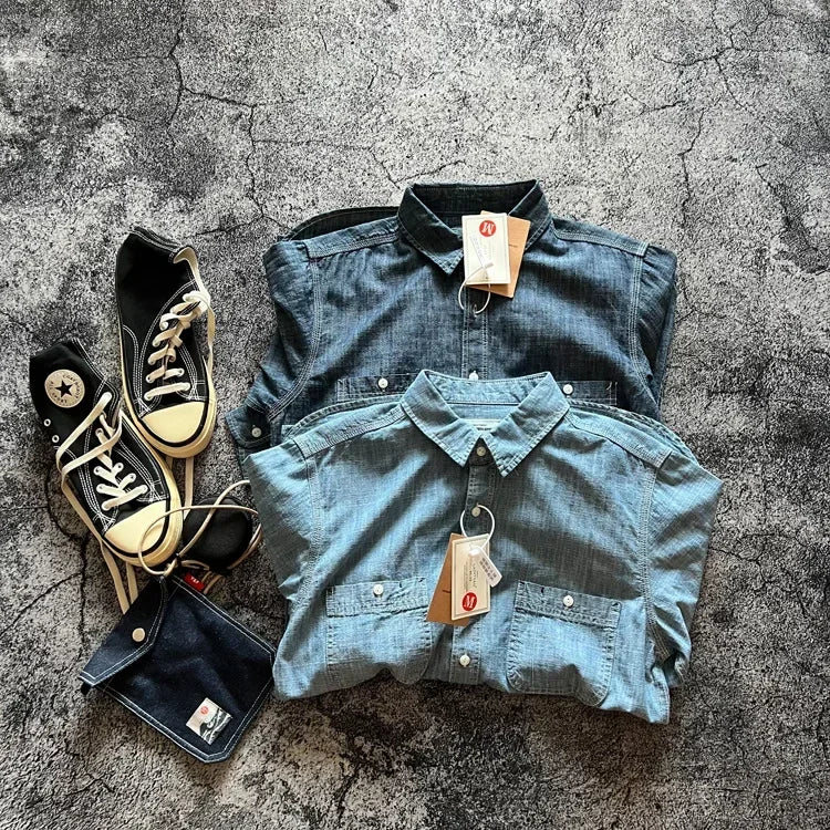 Japan Retro Bamboo Yarn Denim Casual Shirt Cool Hong Kong Style Long Sleeve Loose Spring Autumn 100% Cotton Washed Workwear Tops