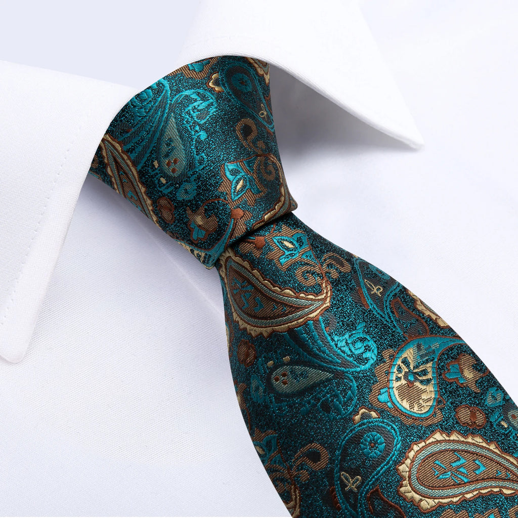 8cm Men's Polyester Ties Pocket Square Cufflinks Green Gold Paisley Wedding Party Accessories Necktie Gift