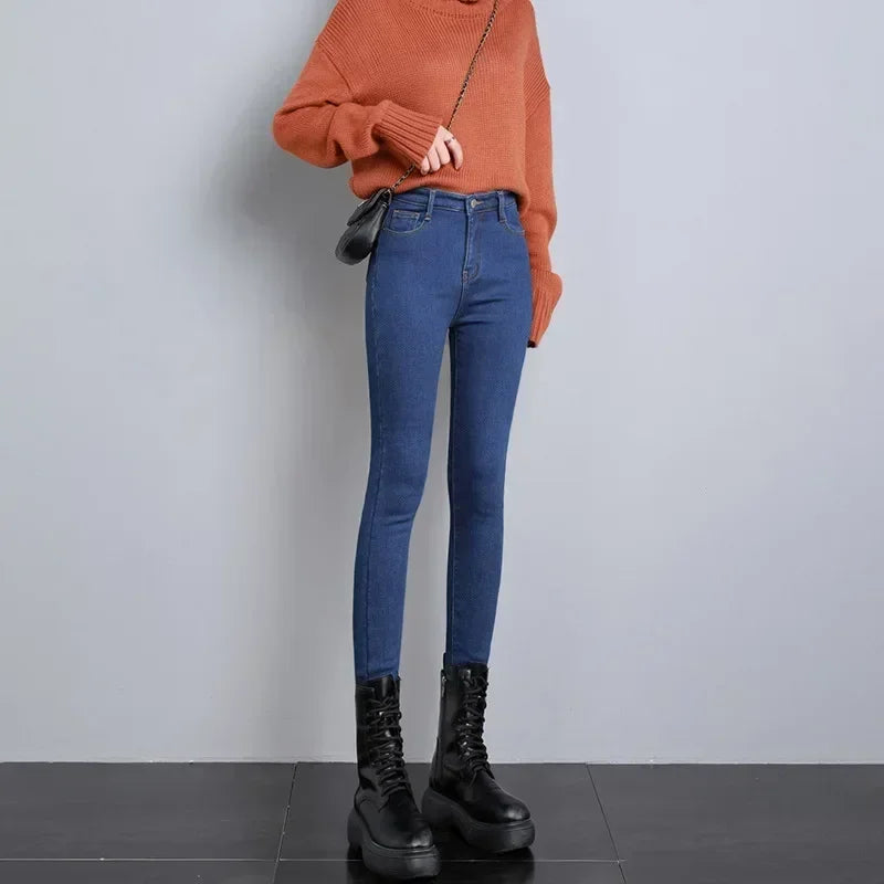 Lady Plush Thermal Jeans Winter Snow Warm Stretch Thin Jeans Women Fleece Pencil Pants Fashion Straight Leg Denim Trousers