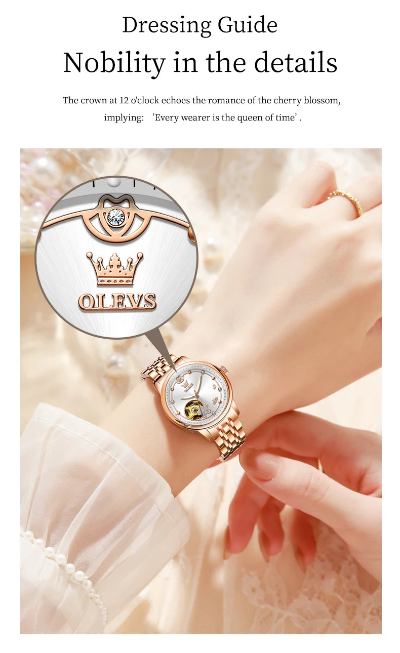 OLEVS 6732 Women's Watches Elegant Rose Gold Stainless Steel Hollowed Diamond Dial Automatic Mechancial Watch Gift Box for Women