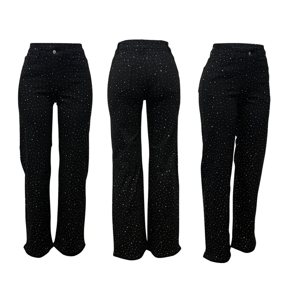 Women's Outfit Featuring Diamond-studded Washed Denim Pants Women's High-waisted Straight-leg Pants, and "hot Girl" Style Pants.