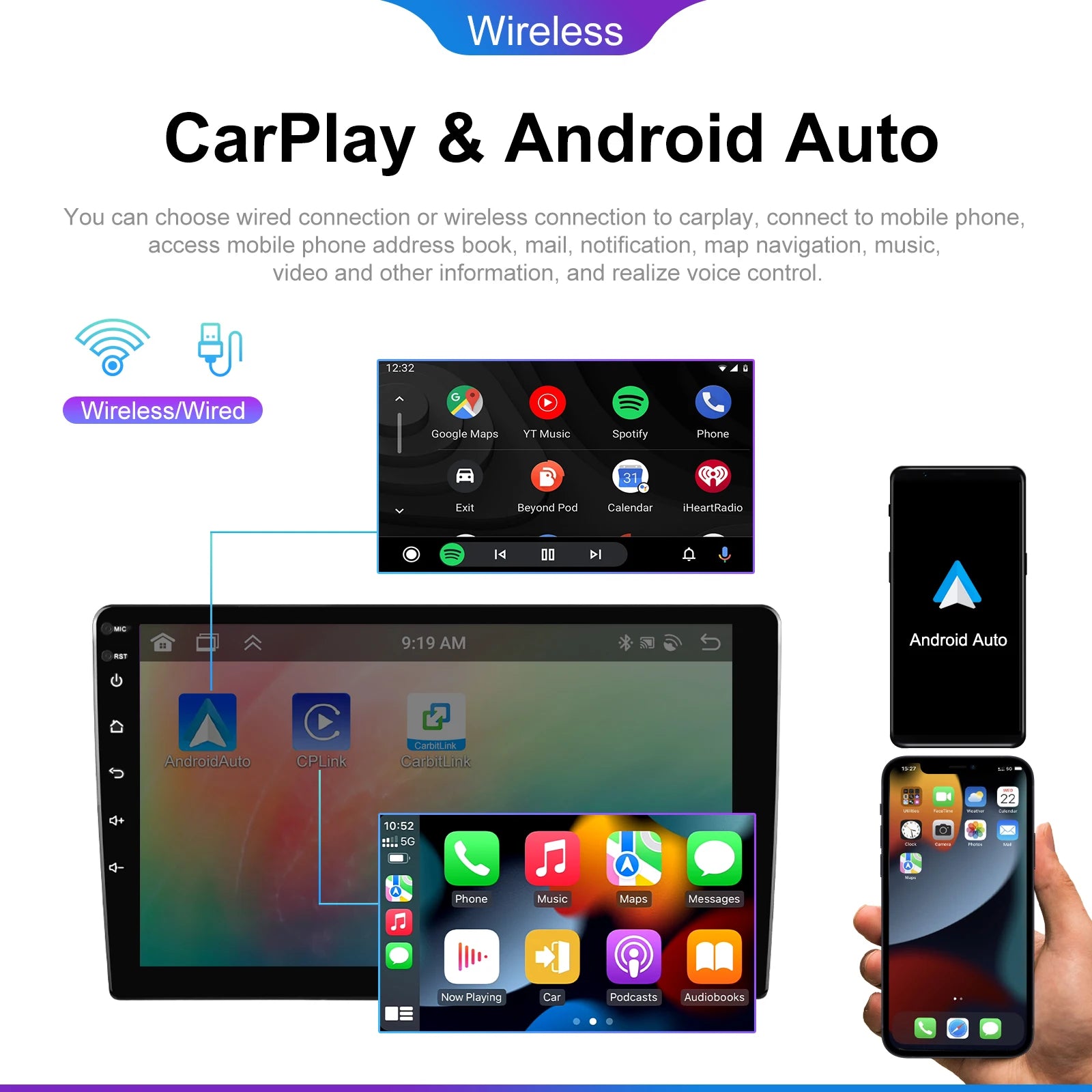 Podofo Android 12 Car Radio Androidauto Carplay 2 Din GPS Car Audio 7"/9"/10" WIFI BT Automotive Multimedia Player For VW Ford