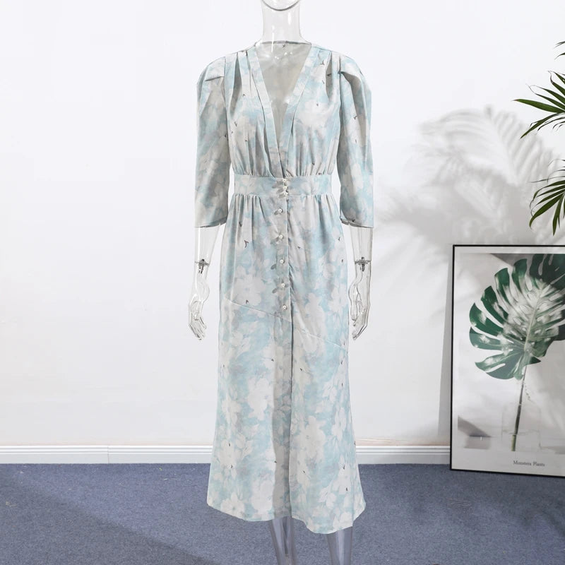 Fashion Printed Deep V Neck Women Slim Dresses Chic Long Sleeve High Waist Dress Summer New Beach Party Lady High Split Vestidos