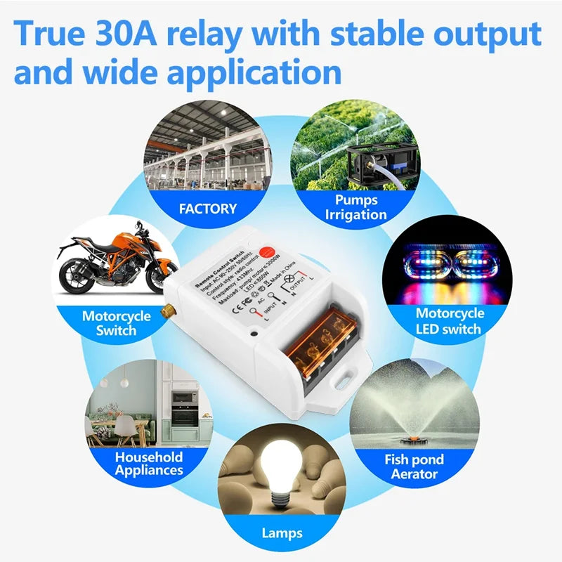 433 Mhz Remote Control Universal Wireless Remote Switch AC 220V 30A Relay Receiver 1000m RF Transmitter for Water Pump / Farm