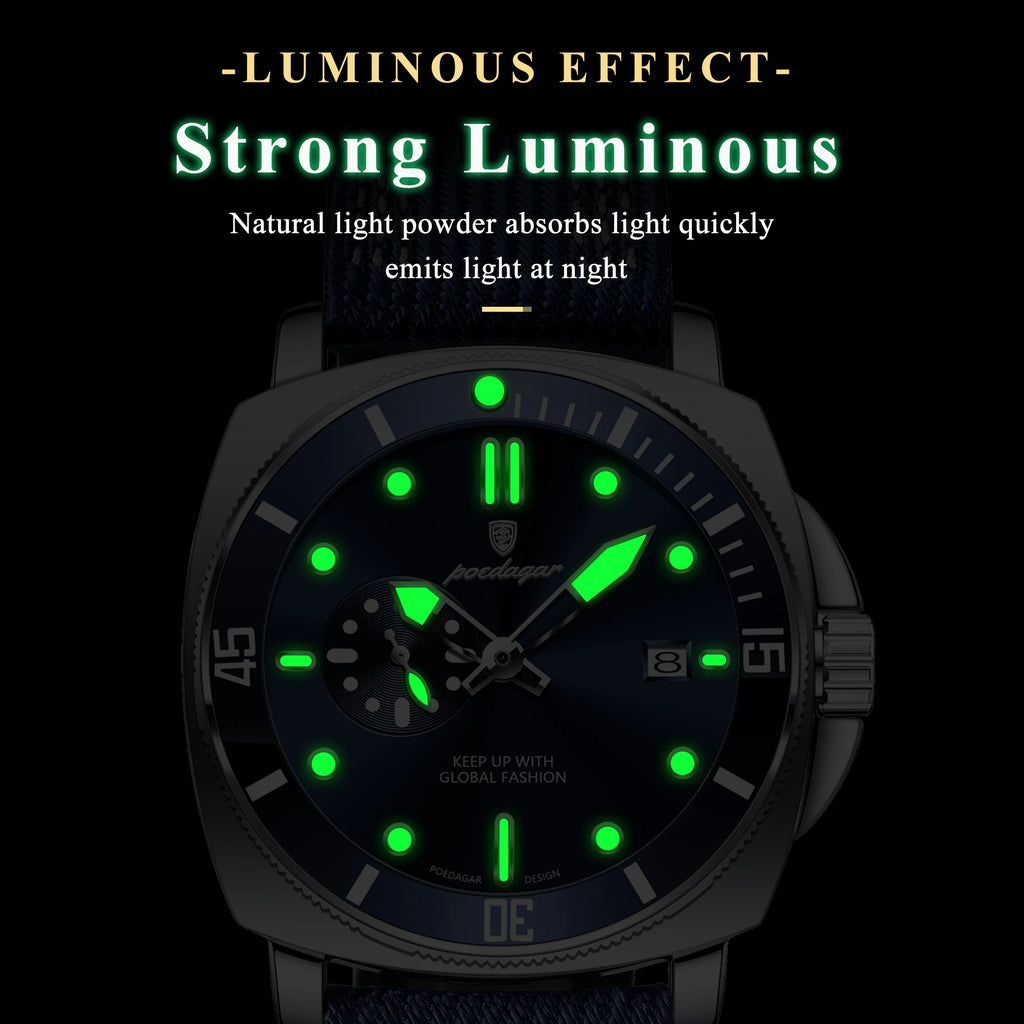 POEDAGAR Sport Military Men Clock Waterproof Luminous Date Top Luxury Watch For Man Nylon Leather Quartz Men's Watches Reloj+Box