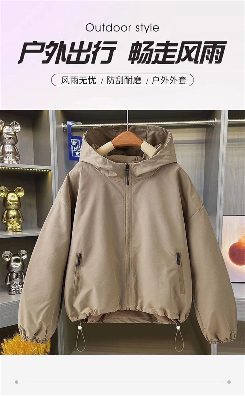 2026 Autumn Women's Coat Hooded Jacket Long Sleeve Zipper Pockets Casual Windbreaker Basic Jackets Outerwear Splicing Hooded E25
