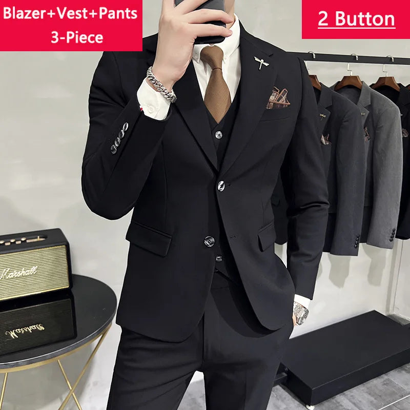 Blazer Vest Pants Men's Navy Blue Suit Set Slim Fit Blazer Vest Pants Formal Outfit for Business Wedding Office Groom Party