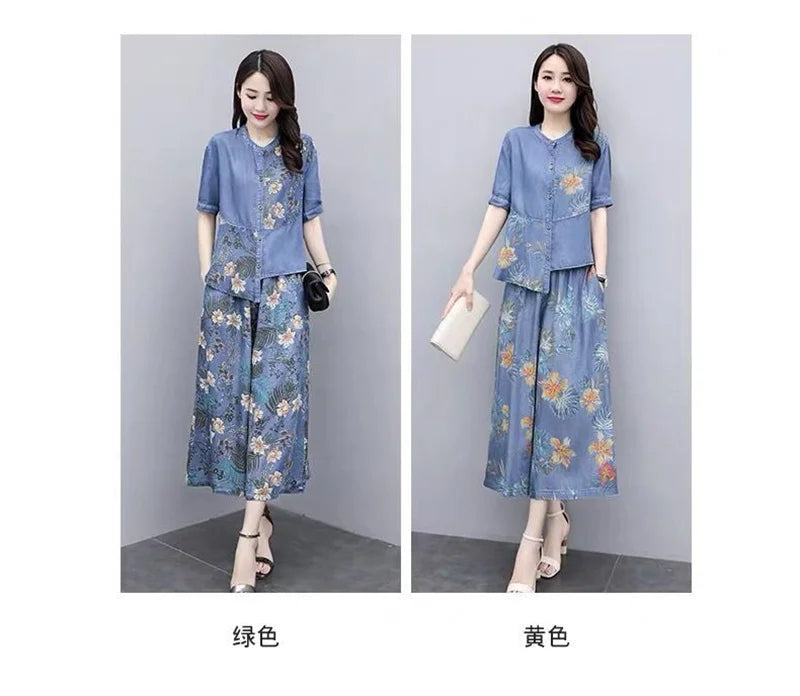 Ethnic Style Denim Wide Leg Pants Sets For Women Spring Summer NEW Embroidery Cowboy Jacket +Jeans Pants Suits Female Outfits