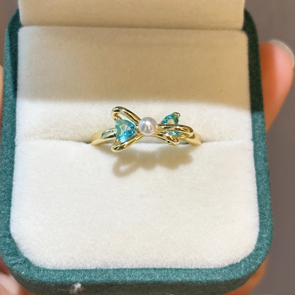 Vintage Blue Crystal Bow Knot Rings Women Gold Plated Open Adjustable Ring Sweet Heart Zircon Pearl Finger Ring Fashion Jewelry