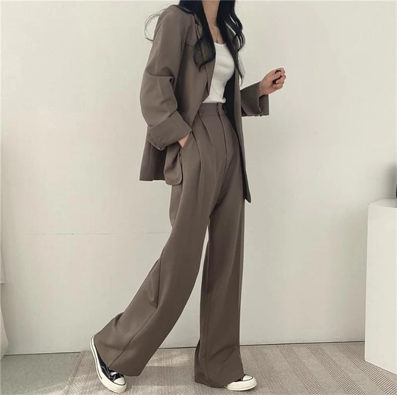 2026 Female Solid Color Blazer 2PCS Autumn Women Lapel Tops High Waist Outfit Korean Ladies Long Sleeves Suit Wide Leg Pants