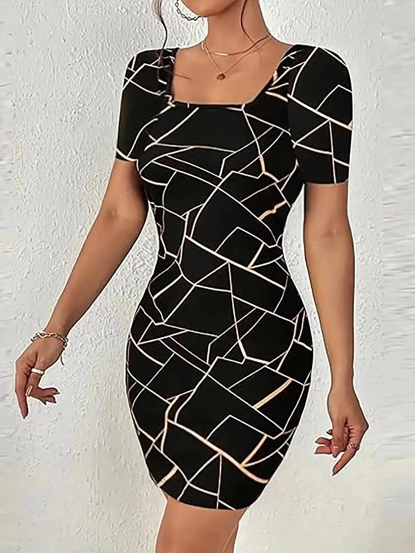 Women Dress Square Neck Short Sleeve Geometric Print Bodycon Mini Dress Sleek Spring Summer Chic Party Club Night Out Flattering