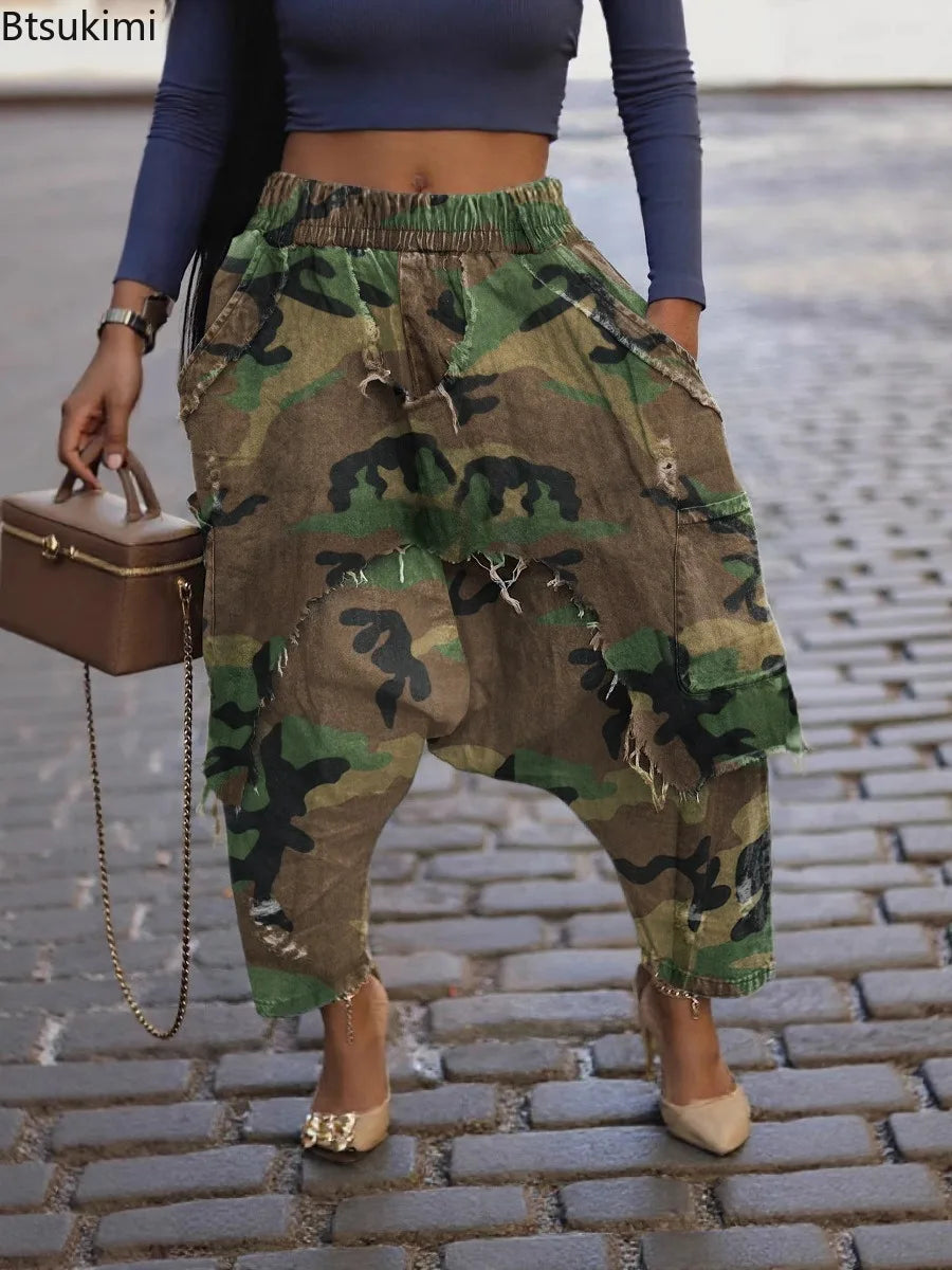 New Vintage Distressed Frayed Ripped Jeans Women's Fashion Loose Harem Pants Casual Hip Hop Streetwear Denim Trousers for Women