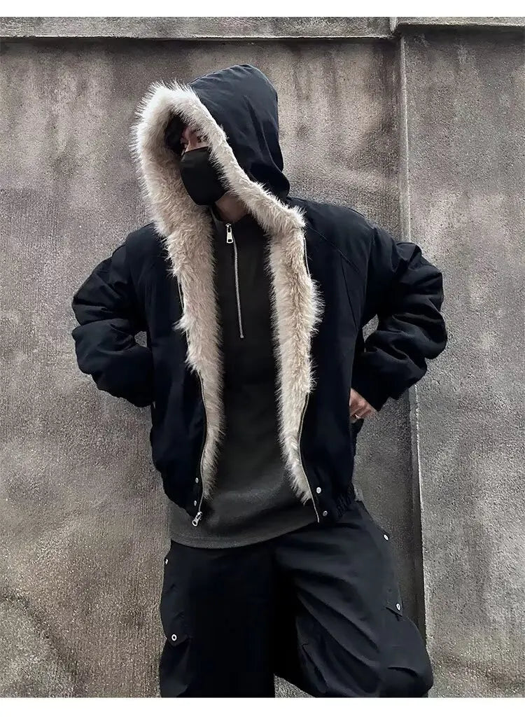 American Retro Lamb Fleece Cotton Jacket Winter Thickened Keep Warm Fur Collar Jacket Zipper Hoodie Loose Coat men clothing