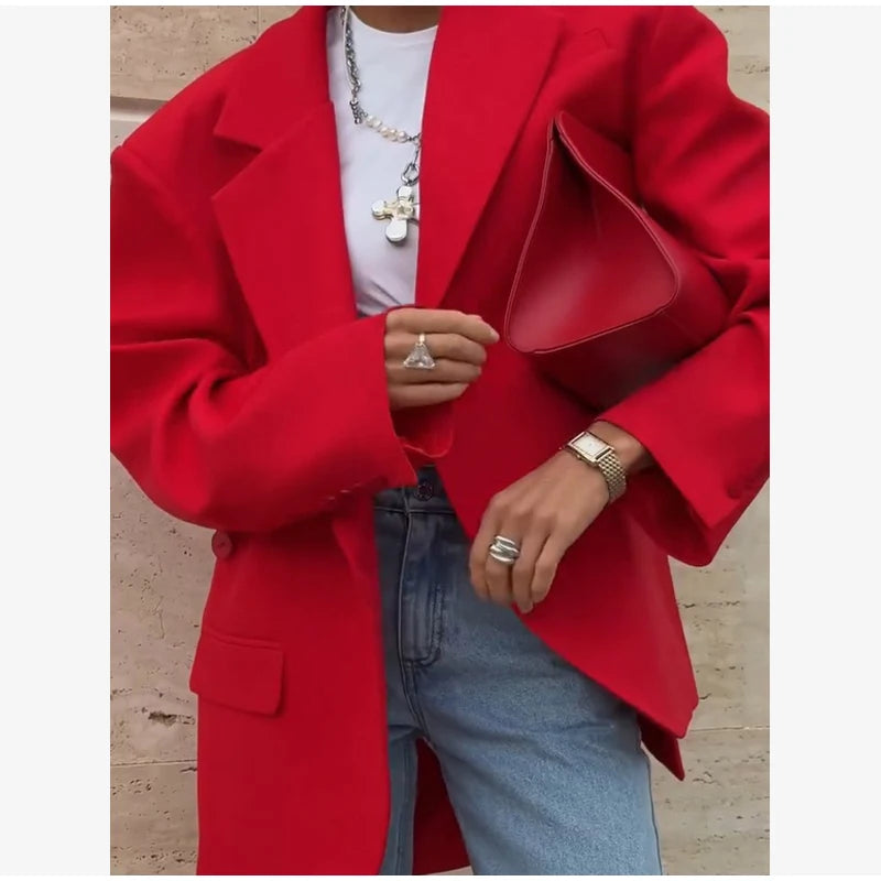 Women Red Fashion Blazer Jacket Lapel Collar Single Button Long Sleeve Loose Casual Coats Oversized Autumn Winter Street Outwear