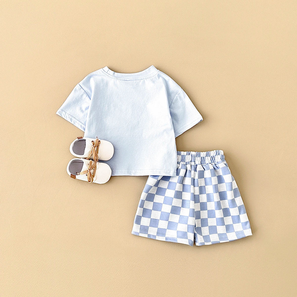 2PCS Kids Clothes Baby Boys Girls Solid Color Short Sleeve T-shirt Plaid Pattern Shorts Sets Baby Clothing Sets 0-3Y
