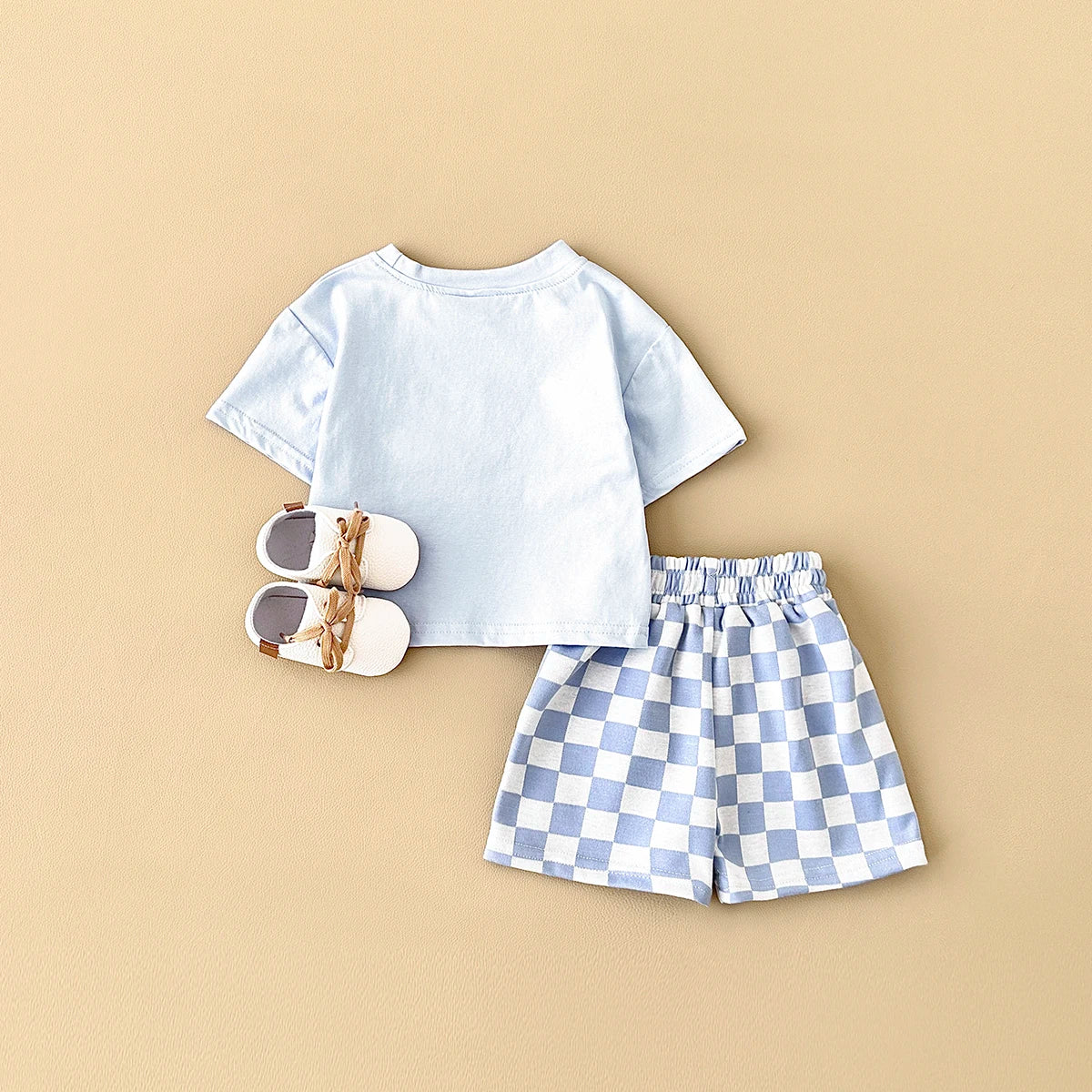 2PCS Kids Clothes Baby Boys Girls Solid Color Short Sleeve T-shirt Plaid Pattern Shorts Sets Baby Clothing Sets 0-3Y