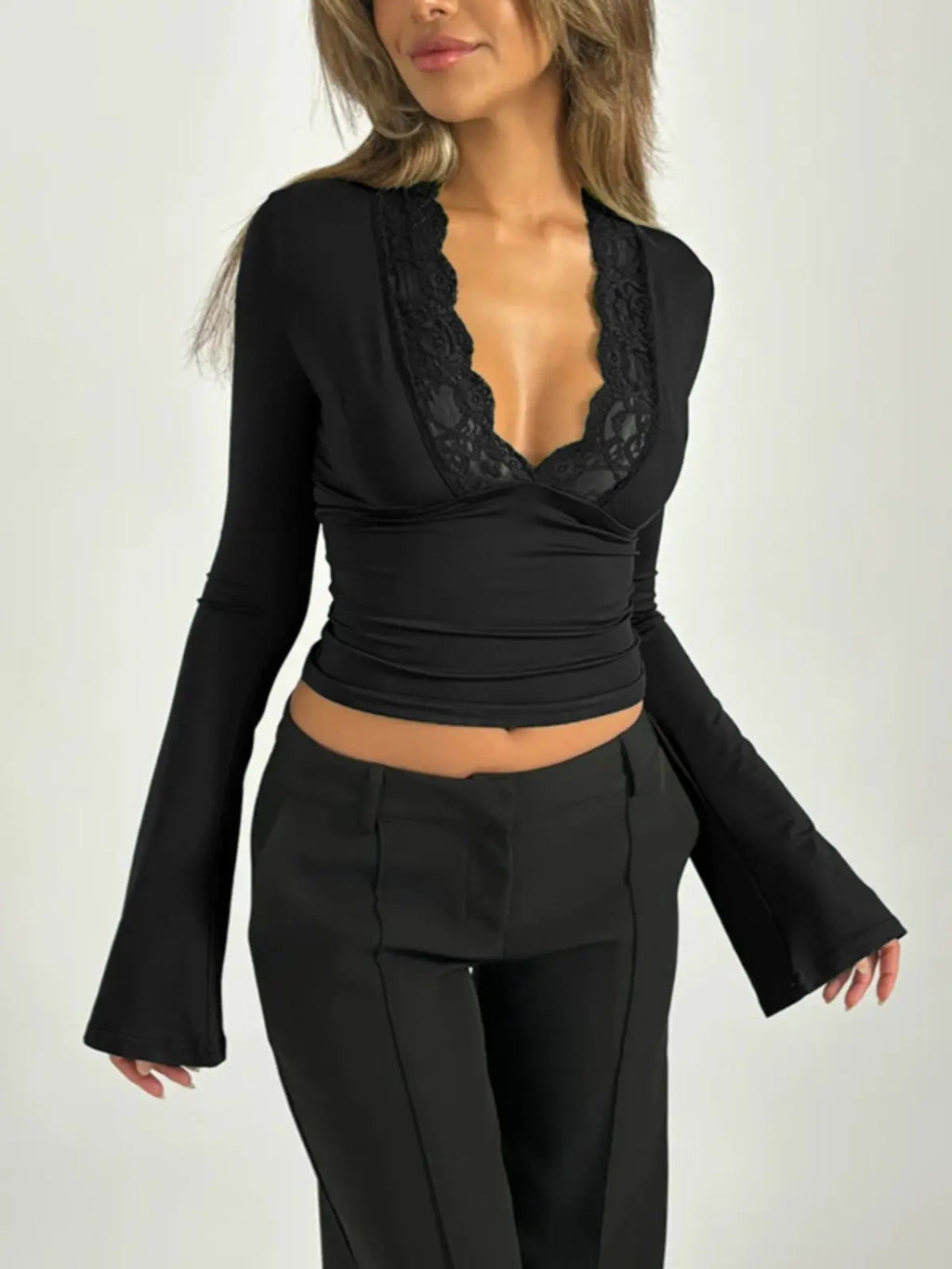Sexy Lace V-Neck Long Sleeve T-Shirt Women's Waist-Cinching Top Pure Color Polyester Fabric Thin Autumn Winter Ladies Tee