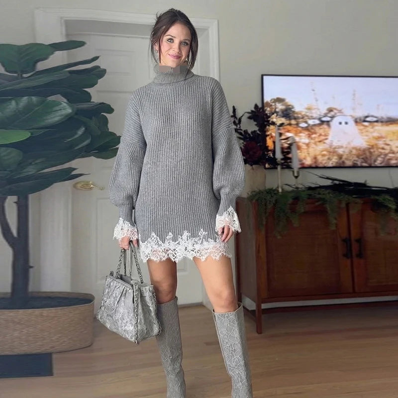 Elegant Women's Dress Stand Collar Full Sleeve Solid Lace Patchwork Knitted Female Dresses 2025 Winter Fashion Cozy Lady Robes