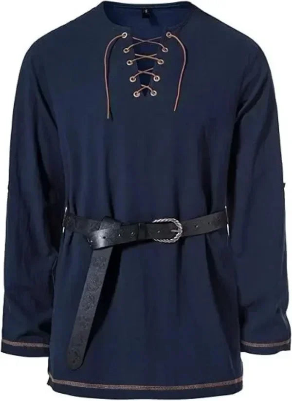 Men Medieval Lace Up Linen Long Sleeve Tunic Viking Pirate Renaissance Cosplay Shirt With Vintage Embossed Leather Belt