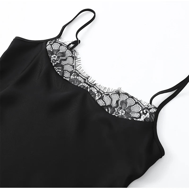 Black Lace Trim See Through Sling Dress Women Waist Cinched Slim Fit Sleeveless Vestidos 2026 Lady Daily Party Short Gowns