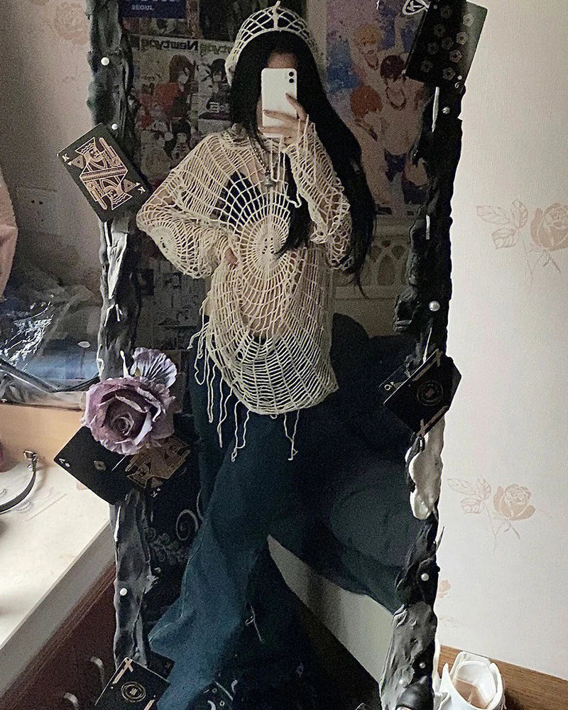 JOEVILU Hollow Knit Hooded Tops Women's Goth Spider Web Sweaters Female Korean Fashion Fishing Net Blouses Babes Mesh Pullovers