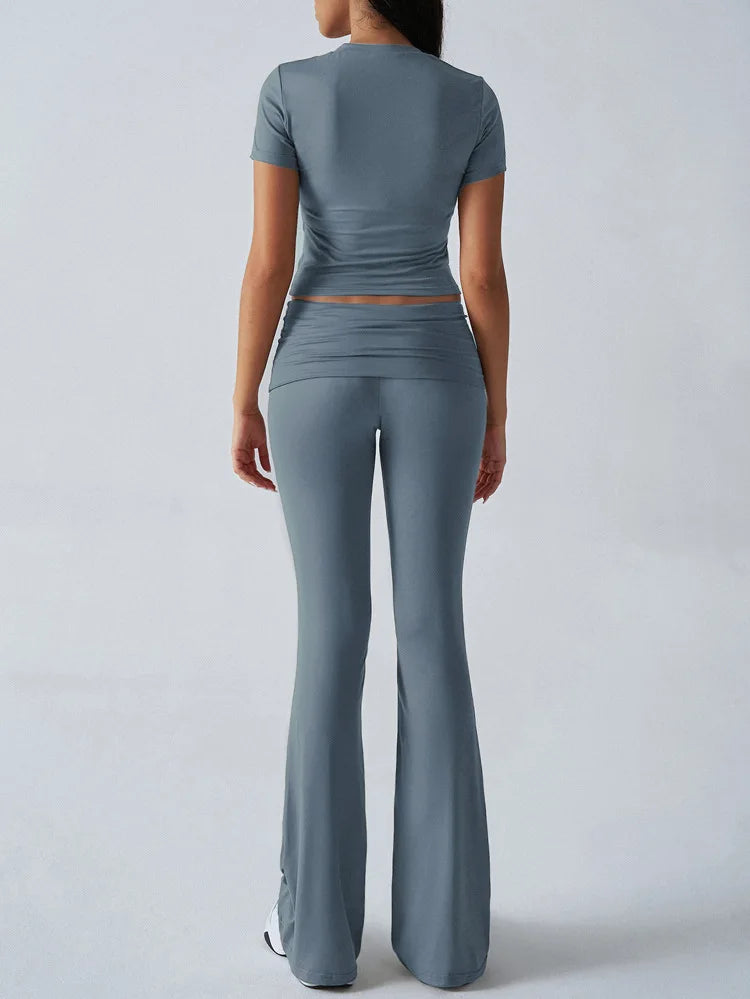 Women's Sexy Tops Suits 2026 Summer Latest Casual Solid Color Yoga Suit Slim Fit Sports Short Sleeved Pants Two-Piece Set Outfit