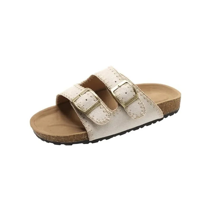 Women's Flat Slide Sandals Open Toe Suede Look Double Buckle Strap Slip on Whipstitch Detail Casual Summer Daily Walking Shoes