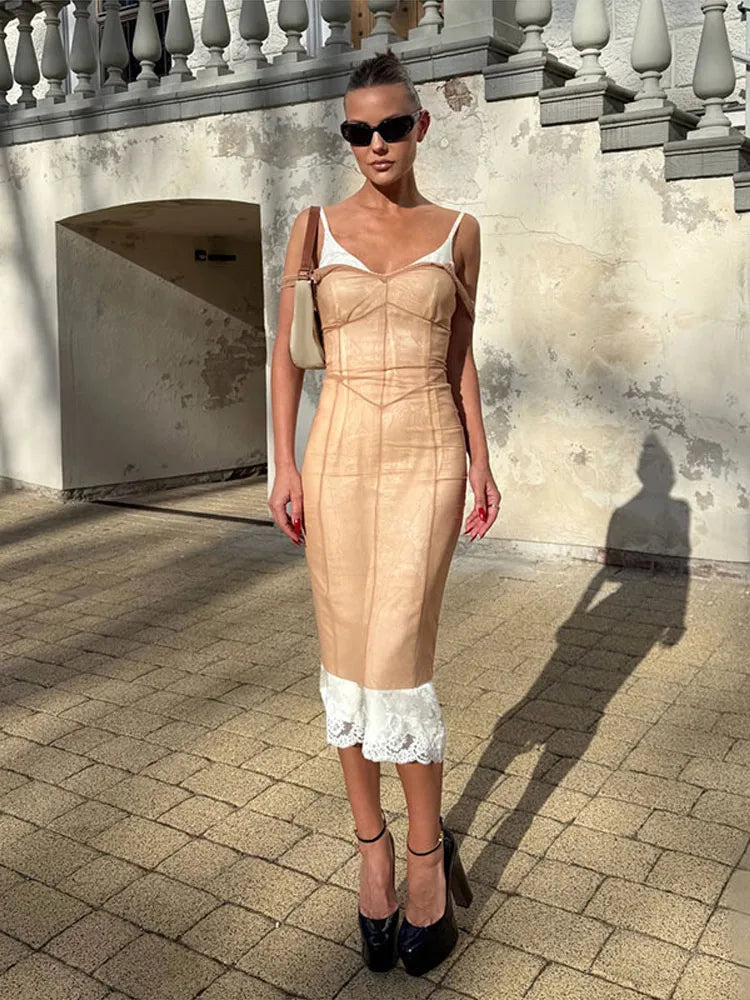 Elegant Sheer Mesh Overlay Women's Dress Set V-Neck Waist-Closed Sleeveless Slim Slip Maxi Dresses 2026 Summer Female Outfit