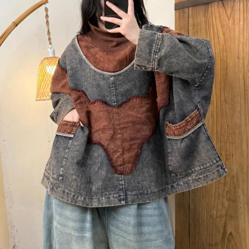 Spring Autumn New Arts Style Women Batwing Sleeve Turtleneck Pullovers Cotton Denim Vintage Patchwork Loose Hoodie Coat TH139