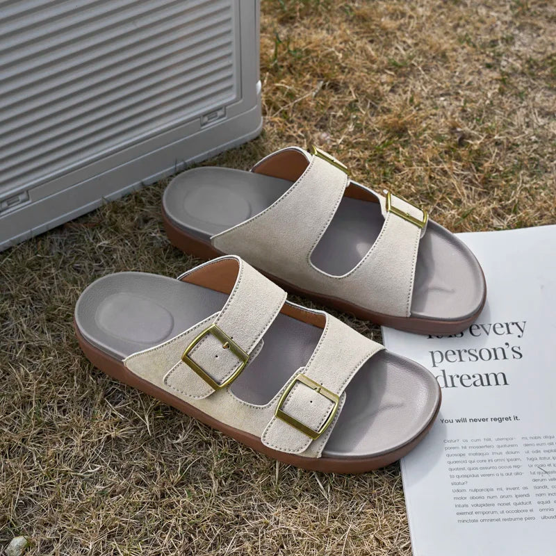 Suede Leather Mens Slippers Casual Sandals Breathable Slides Lightweight Summer Beach Flats Outdoor Walking Shoes Zapatos Hombre