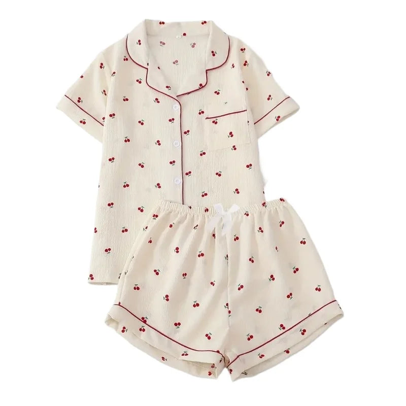 Four Seasons Women Nightwear Cherry Print Cardigan Loungewear Short Sleeve Shorts Girl Sweet Korean Fashion Pajamas Homewear